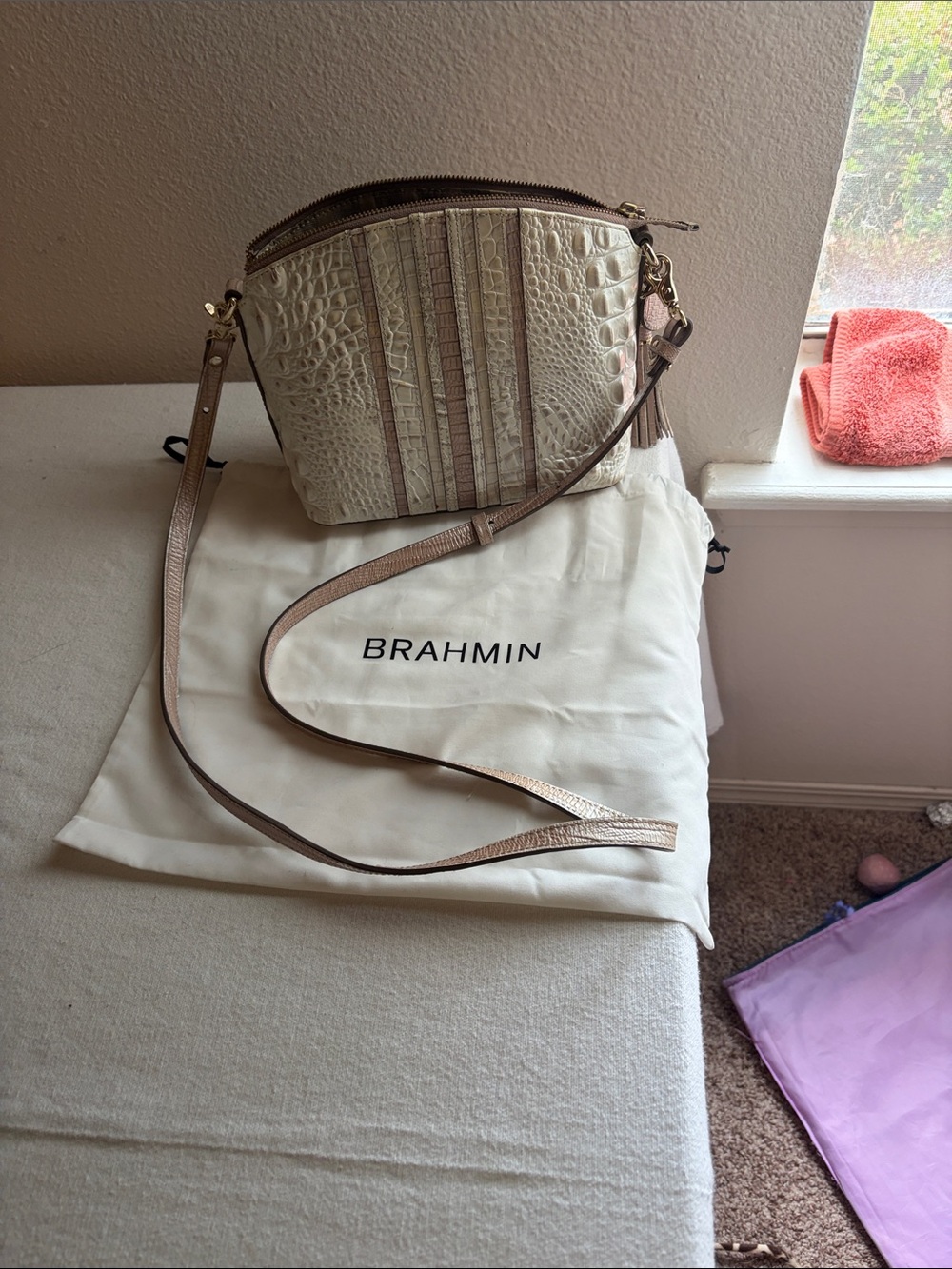 Brahmin Ivory and Tan Croc-Embossed Crossbody